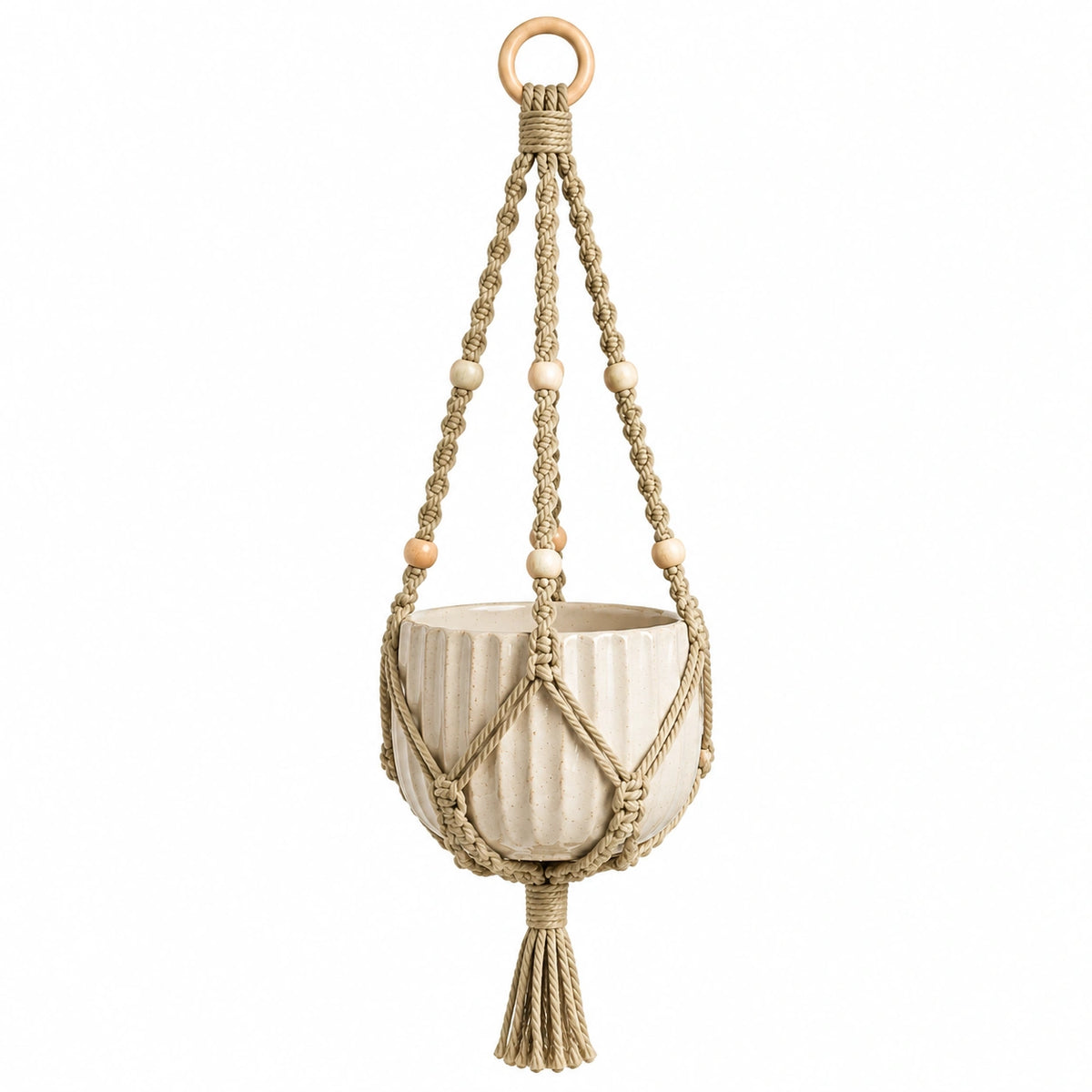 Hängender Blumentopf 16 cm Keramik Beige mit Makramee-Aufhängung