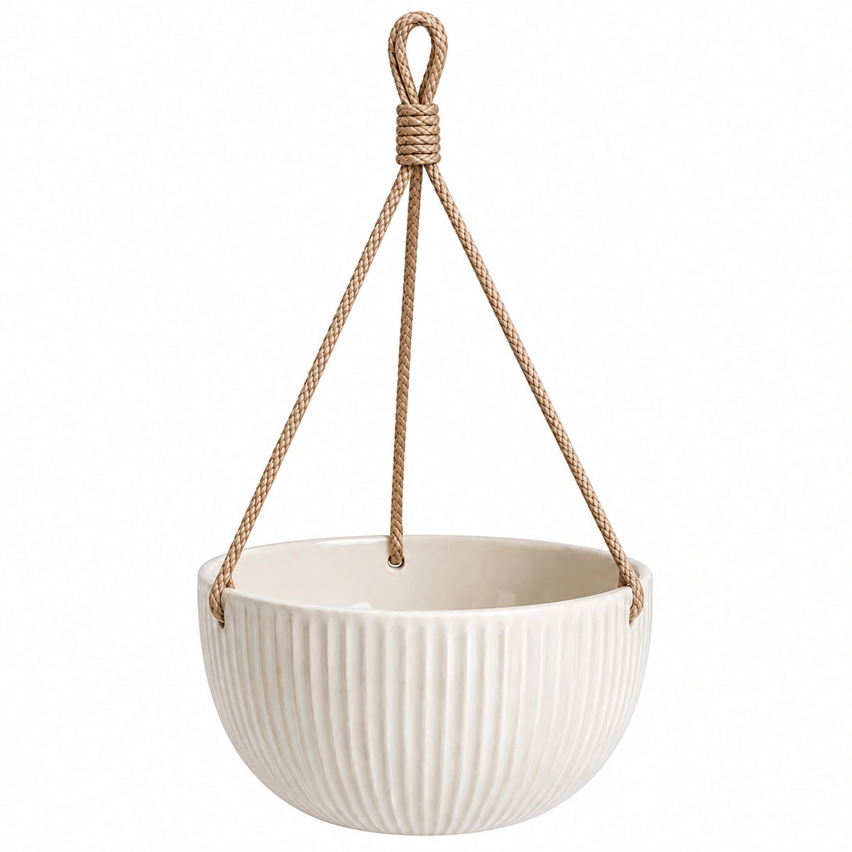 Hängeblumentopf 20 cm Keramik Creme mit geflochtener Aufhängung