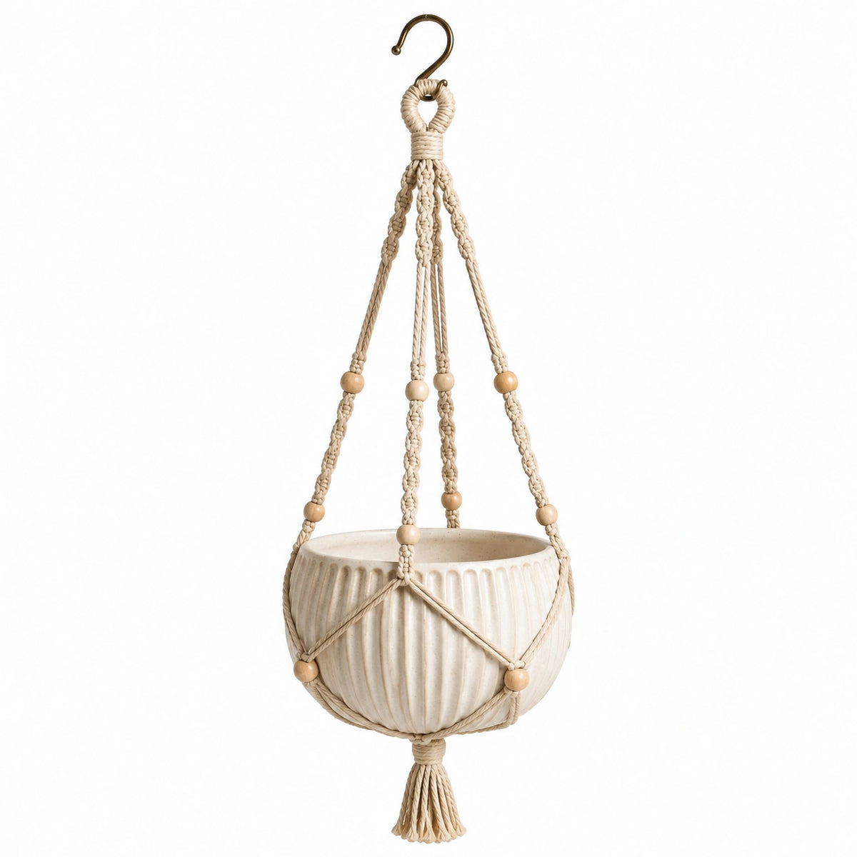 Hängeblumentopf 20 cm Keramik Baumwolle Creme Boho für Innenräume