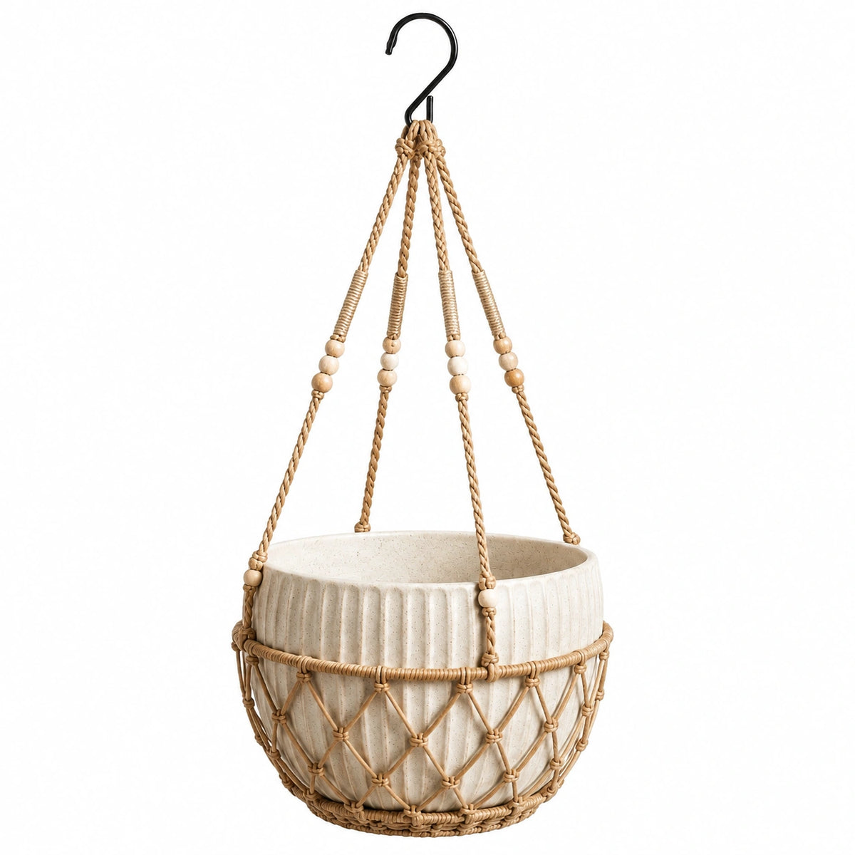 Hängeblumentopf 20 cm Keramik Beige mit Makramee Aufhängung für Innenräume