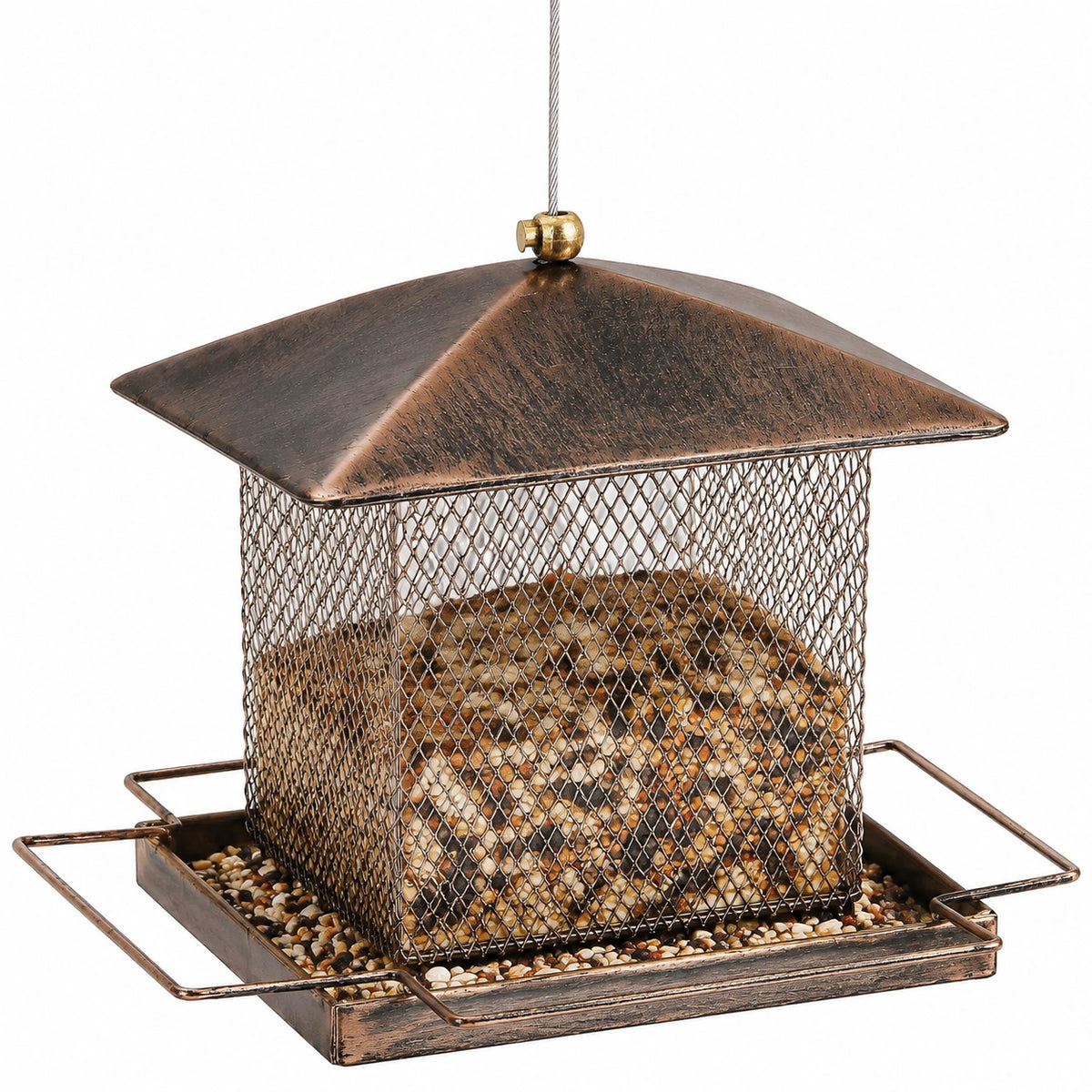 Hängender Vogelfutterspender 25 x 25 x 30 cm aus Metall Bronze mit Schutzdach