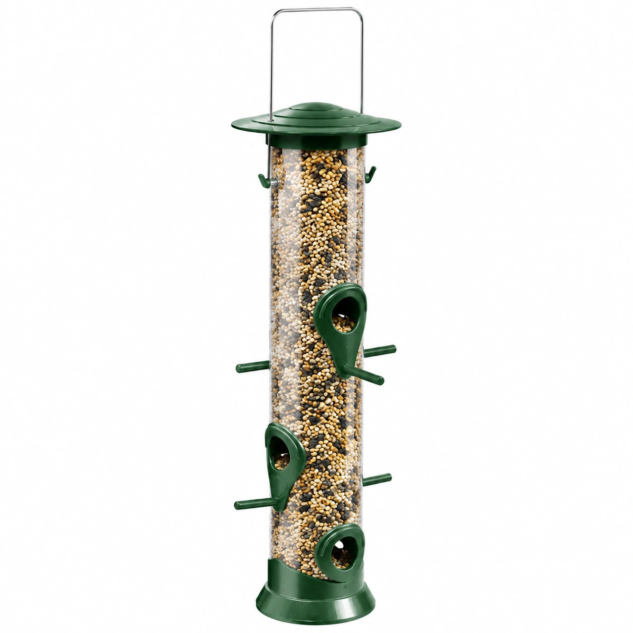 Vogelfutterspender 16 cm x 40 cm Kunststoff Grün zum Aufhängen mit Sitzstangen