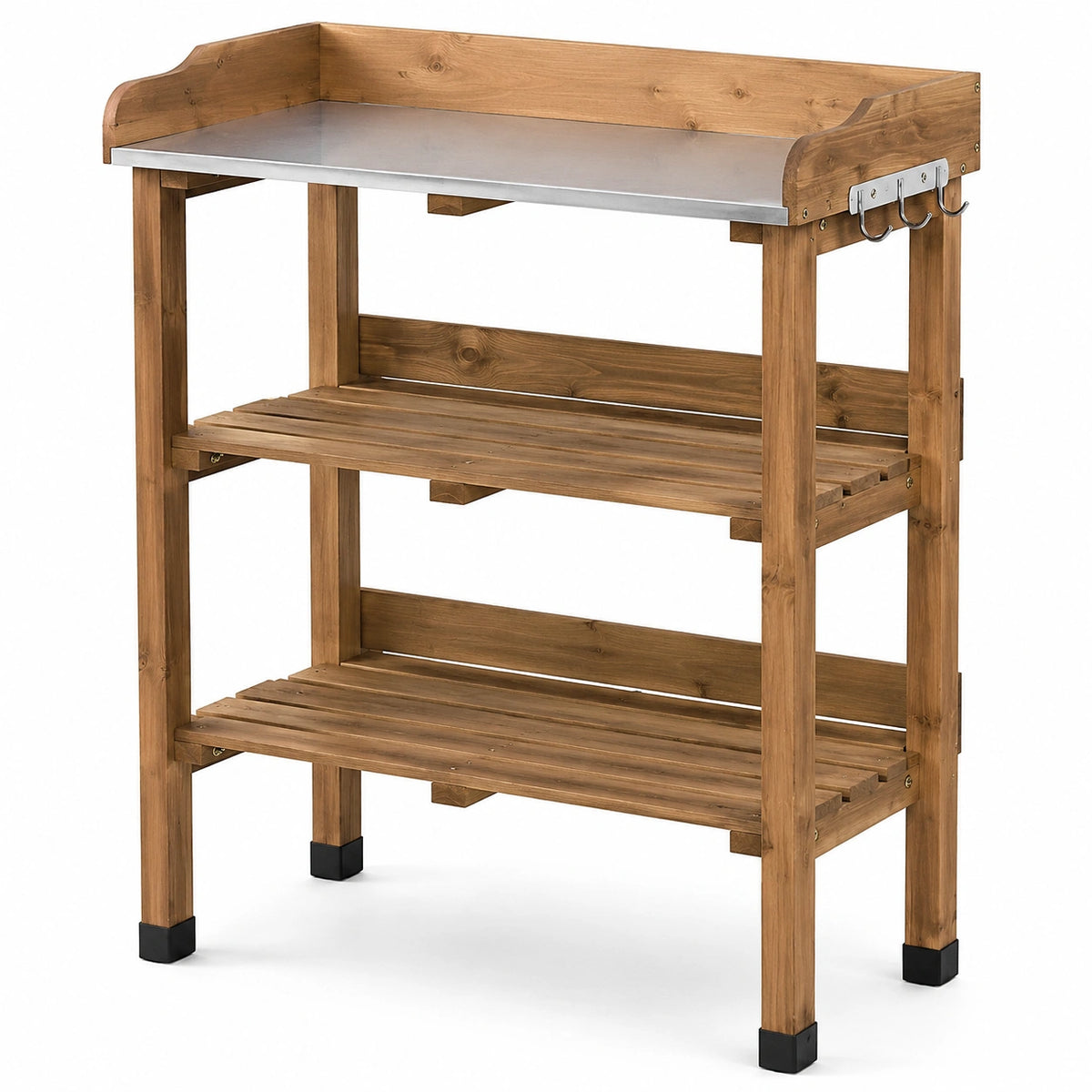 Gartenarbeitstisch 98 x 48 x 95 cm aus Holz Braun mit Metallarbeitsplatte und Ablagen