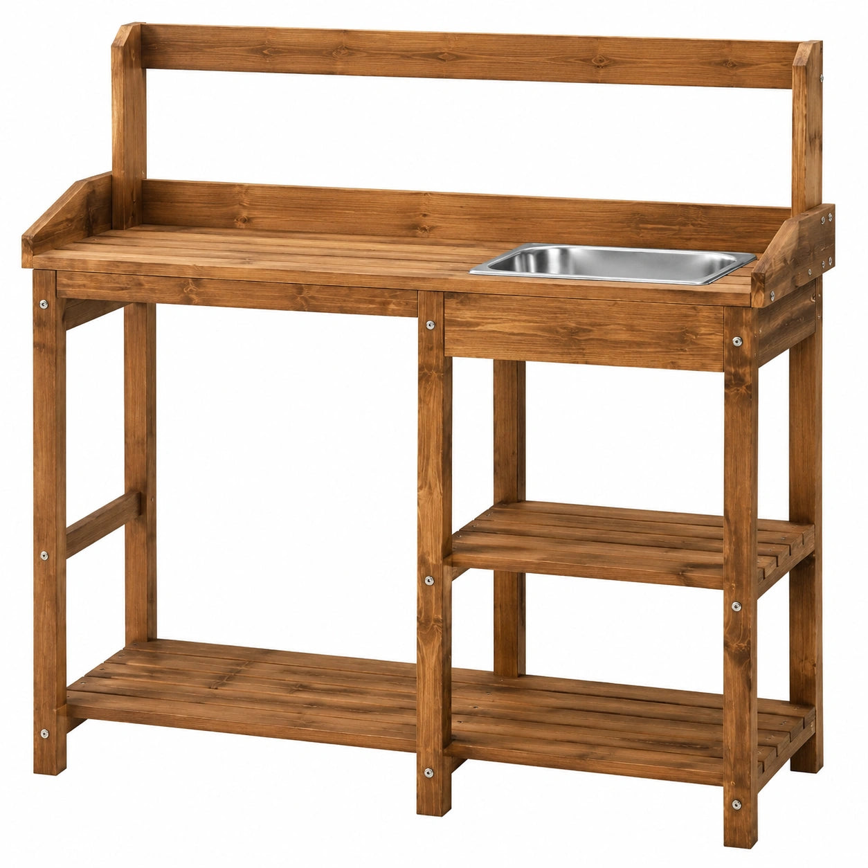 Gartenarbeitstisch 120 x 50 x 160 cm aus Holz Braun mit Edelstahlbecken und Ablagen