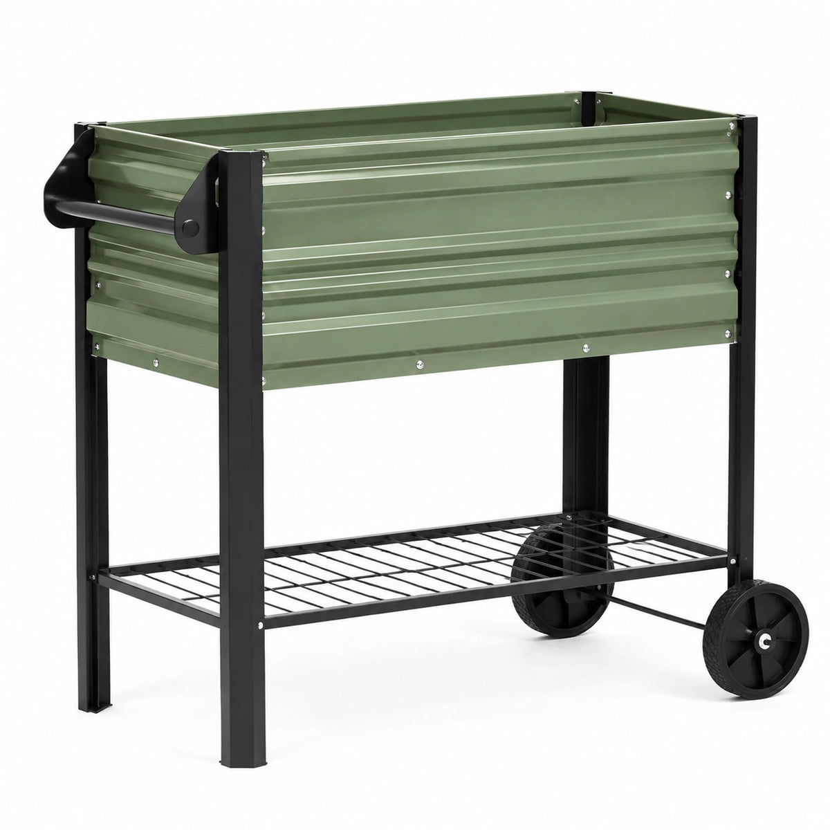 Hochbeet 100 x 50 x 80 cm aus Metall grün mit Rollen und Ablage