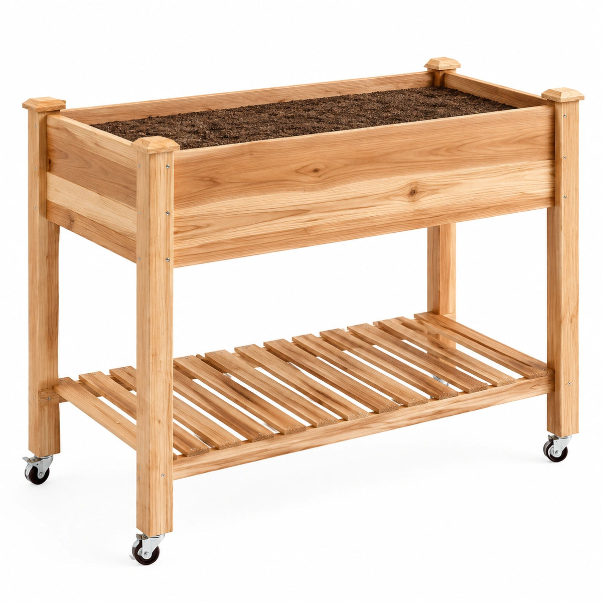 Hochbeet 110 x 50 x 100 cm aus Holz Natur mit Ablage und Rollen