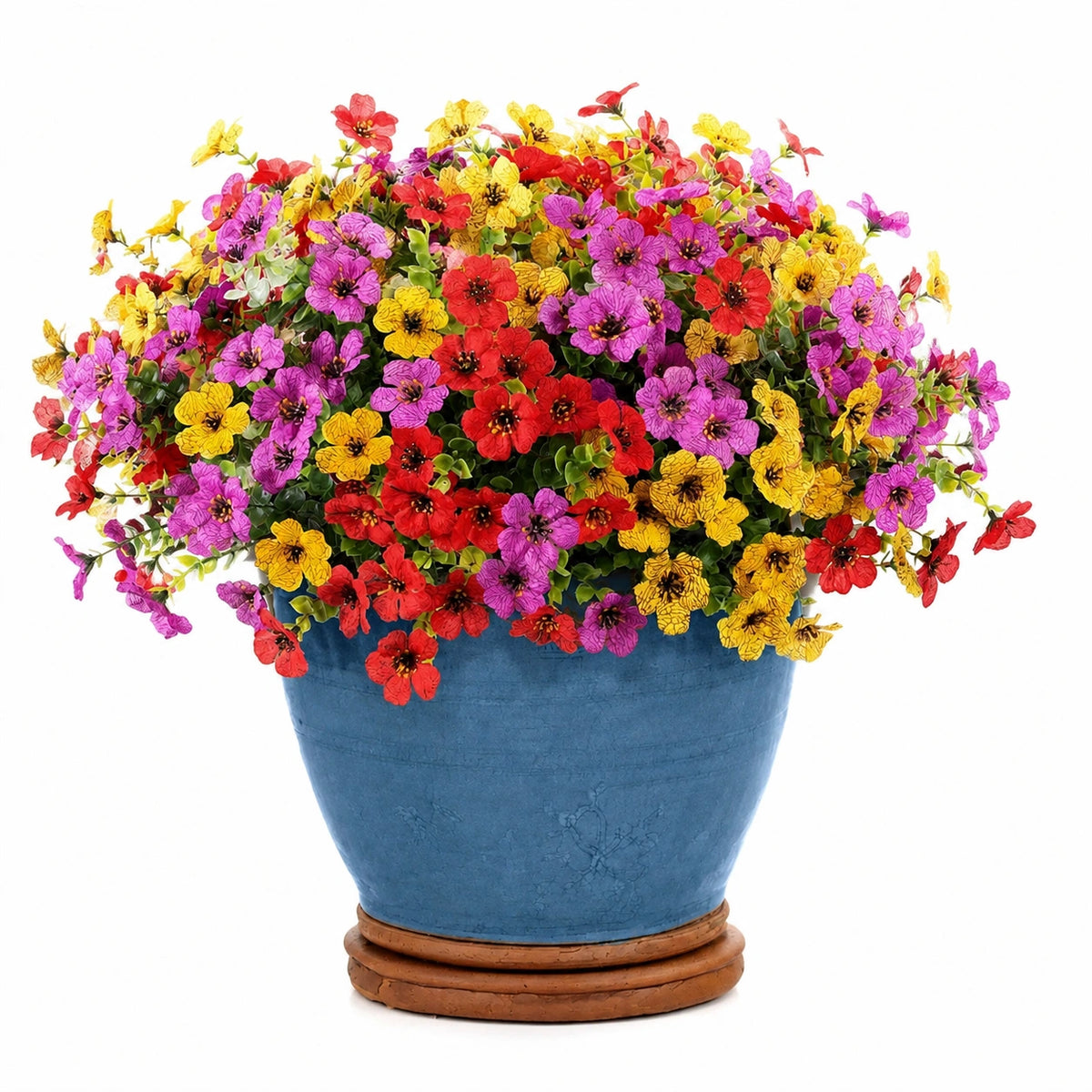 Künstliche Topfpflanze 45 cm Kunststoff Rot Gelb Violett mit blauem Blumentopf