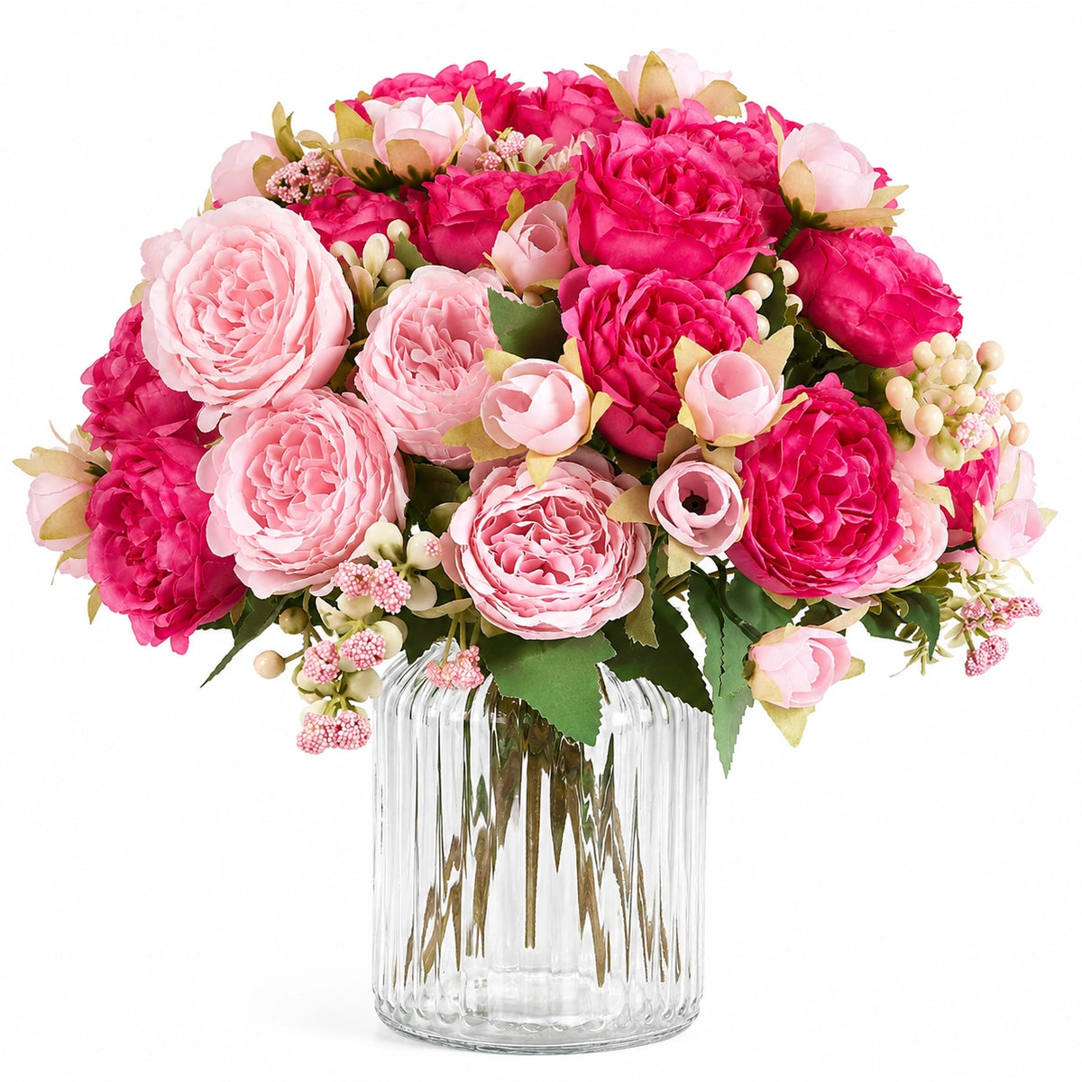 Kunstblumenarrangement 45 cm aus Textil und Kunststoff in Rosa Fuchsia mit Glasvase