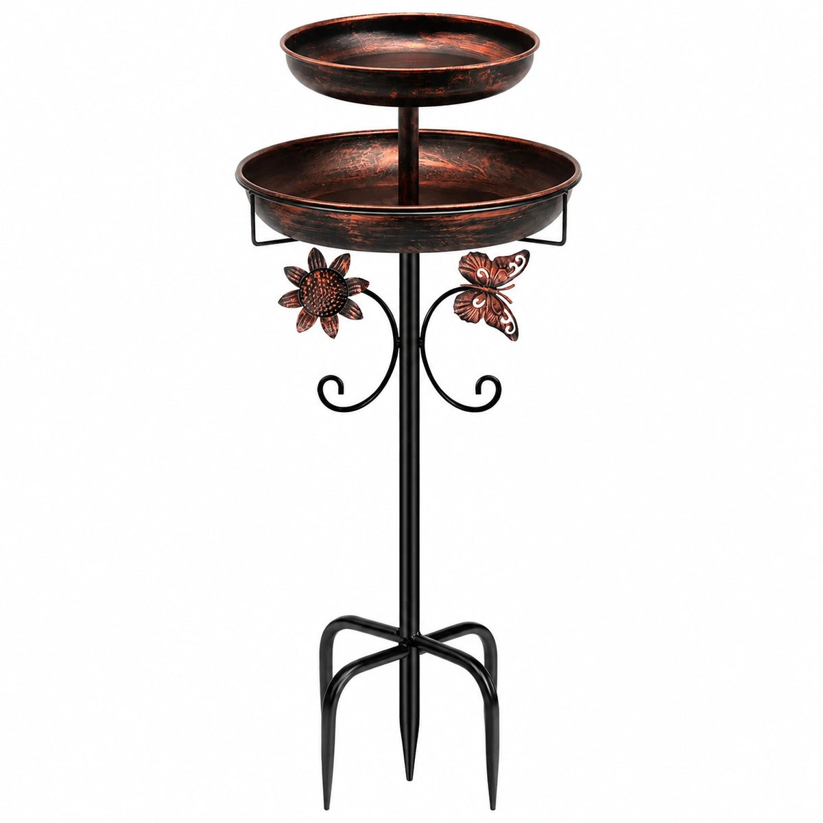 Vogelbad Durchmesser 50 cm Höhe 120 cm Metall Schwarz Kupferfarben Garten Steckständer mit zwei Schalen